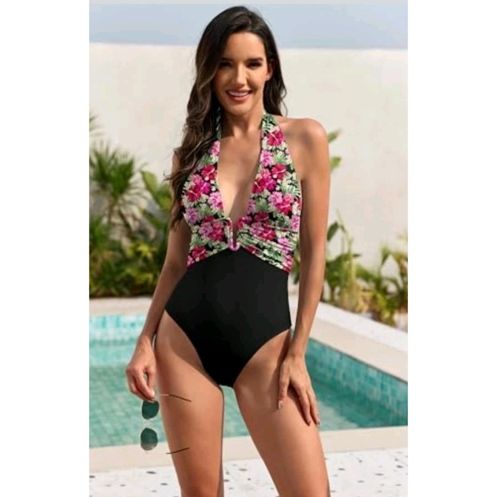 Upopby Women's Tummy Control One Piece Swimsuit XL Black Floral Ruched Slimming